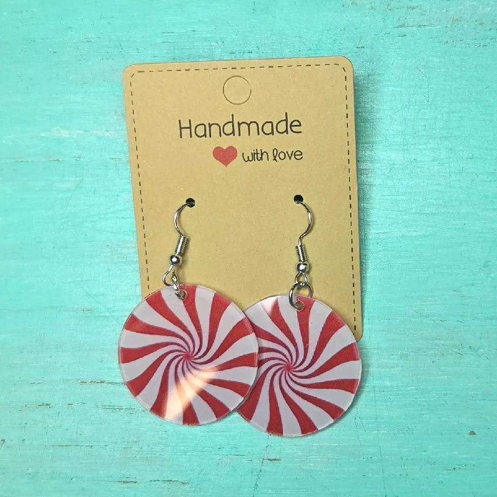 Women's Handmade Red and White Striped Acrylic Circle Candy Cane Hook Dangle Drop Earrings, Festive Christmas Jewelry, Christmas Aesthetic