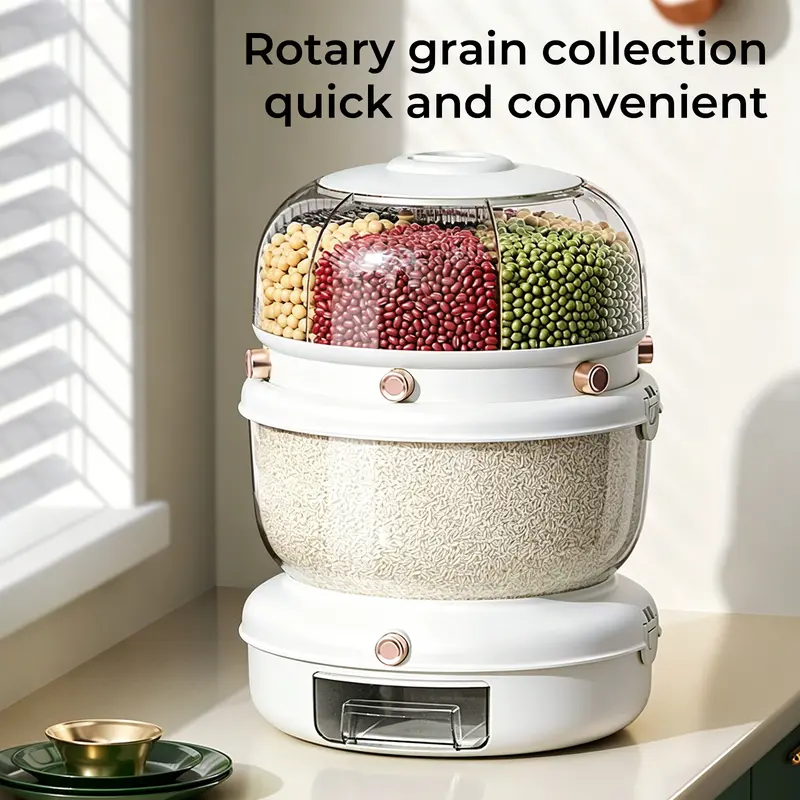 360° Rotating Double Layer Grain Dispenser | Airtight Rice & Cereal Storage Container, 6-Compartment, Pest & Moisture Proof, Auto Dispense for Kitchen Pantry Organization