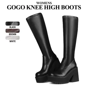 CYNLLIO Womens Elastic Knee High Boots Platform Chunky Block High Heel Sock Boots Zipper Round Toe Fashion Motorcycle Combat Punk Boots For Women Shoes