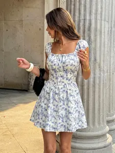 Casual Floral Print Short Dress, Square Neck Bubble Sleeve, Back Tie, Front Button, Slim Fit, Elegant Summer Dress, Versatile Daily Wear