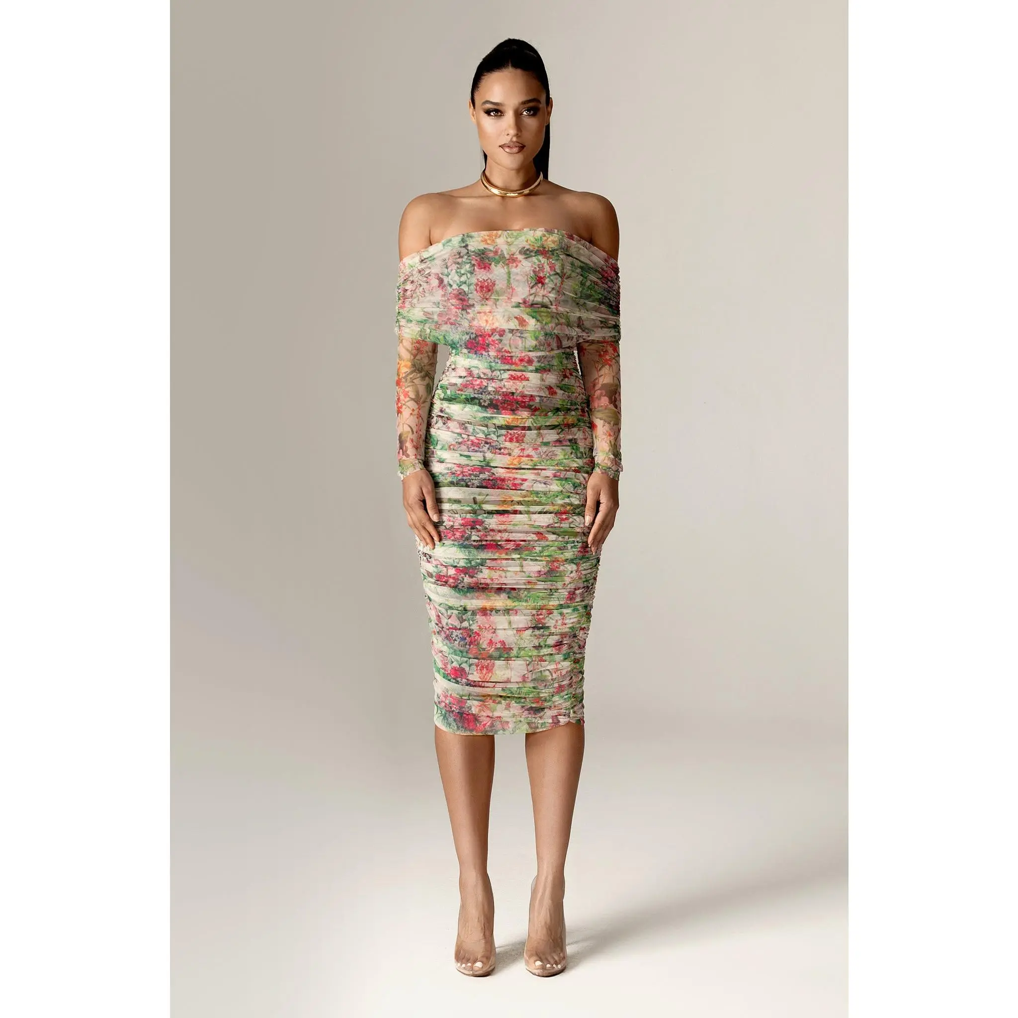 Hayley Off Shoulder Midi Dress - Floral Serenade | Long Sleeves Bodycon Ruched Mesh Dress with Built- Hayley Off Shoulder Midi Dress - Floral Serenade | Long Sleeves Bodycon Ruched Mesh Dress with Built-