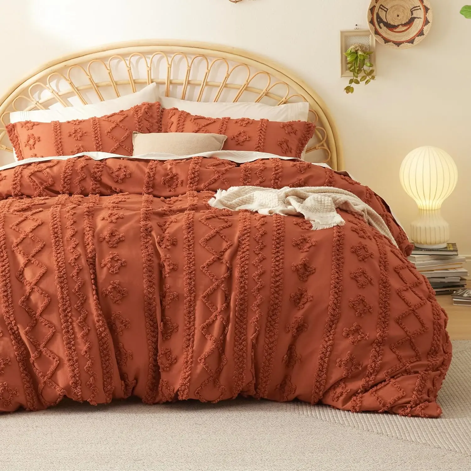 Queen Size Tufted Boho Duvet Cover (90"x90", Terracotta) - Boho Bedding with Tufted Embroidery, Geometric Pattern, Brushed Softness, Modern Style, Secure Fit, Fade-Resistant, All-Season Durable (Duvet Insert/Comforter Not Included)