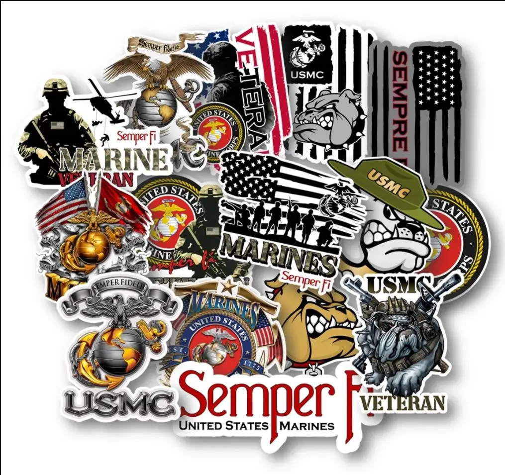 USMC Veterans 15-Piece Hard Hat Stickers, 2.5"-3" Weather-Resistant Vinyl Decals for Hard Hats, Tool Boxes, Car & Motorcycle Decor, Long-Lasting Durable Design