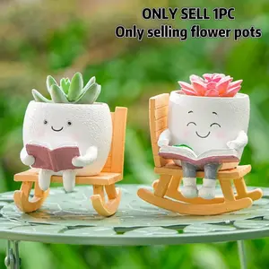 Cute Cartoon Character Reading Chair Flower Pot, Resin Plant Vase, Indoor Home Desktop Decoration, Outdoor Garden Lawn Balcony Planter Planter Pots