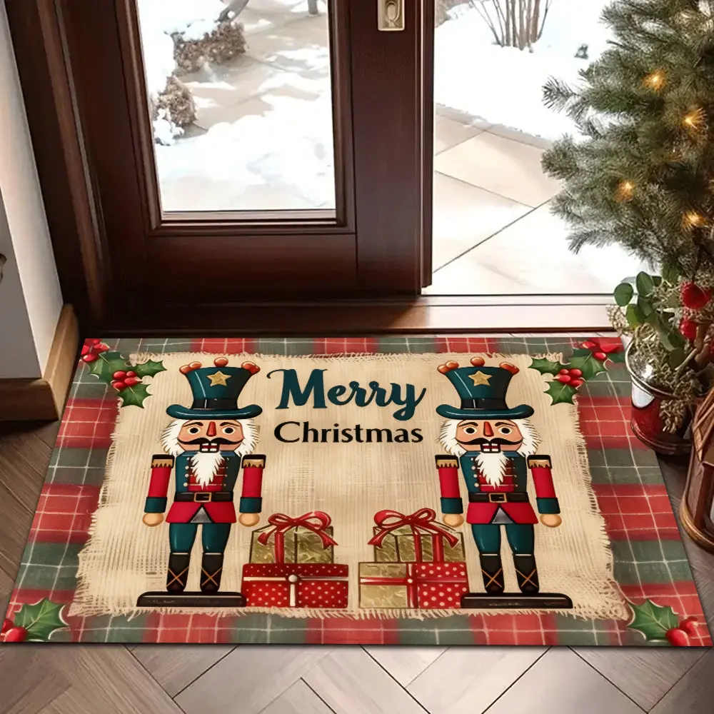 1pc MJHGD Christmas Nutcracker Floor Mat Suitable for Indoor/Outdoor Use, Nutcracker Soldier & Holly Berry, Machine Washable Flannel Suitable for Living Room, Balcony, Porch, Entryway - Holiday Decorations for -Themed Homes