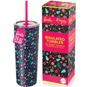 Barbie 24 oz Christmas Tumbler - Festive Holiday Design - Stainless Steel Insulated Water Bottle with Lid & Straw Drinkware Flasks