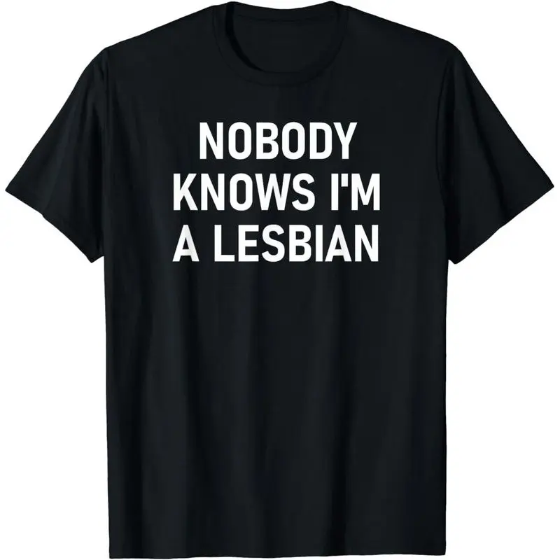 Men's Fitted Cotton Graphic T-Shirt, Shortsleeve Round Neck with 'Nobody Knows I'm A Lesbian' Funny Quote, LGBTQ Pride Apparel for All Seasons, Machine Washable, Casual, Menswear, Men's Graphic Tees, Graphic Print