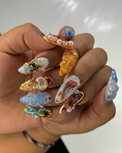 Goldfish Press On Nails | Seashell Pearl Mermaidcore Stiletto Nails | Abstract Ocean Luxury Gift