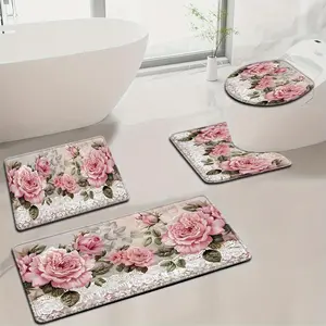 Mother'S Day Pink Peony Pattern Bathroom Mat Set with 3pcs/4pcs, Including Toilet Seat Cover And Carpet, U-Shaped Foot Mat for Bathroom Decor.