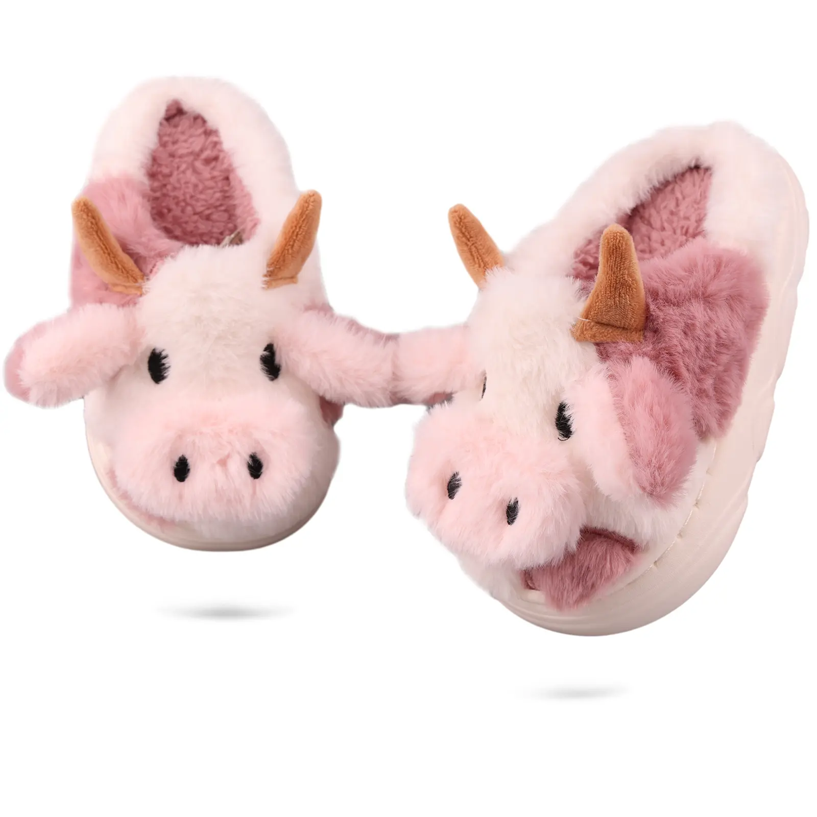 Women's Cute Cow Cartoon Fuzzy Warm Slippers - Faux Fur Lining, Memory Foam, Soft Non-Slip Slides, Comfy Plush Indoor Shoe