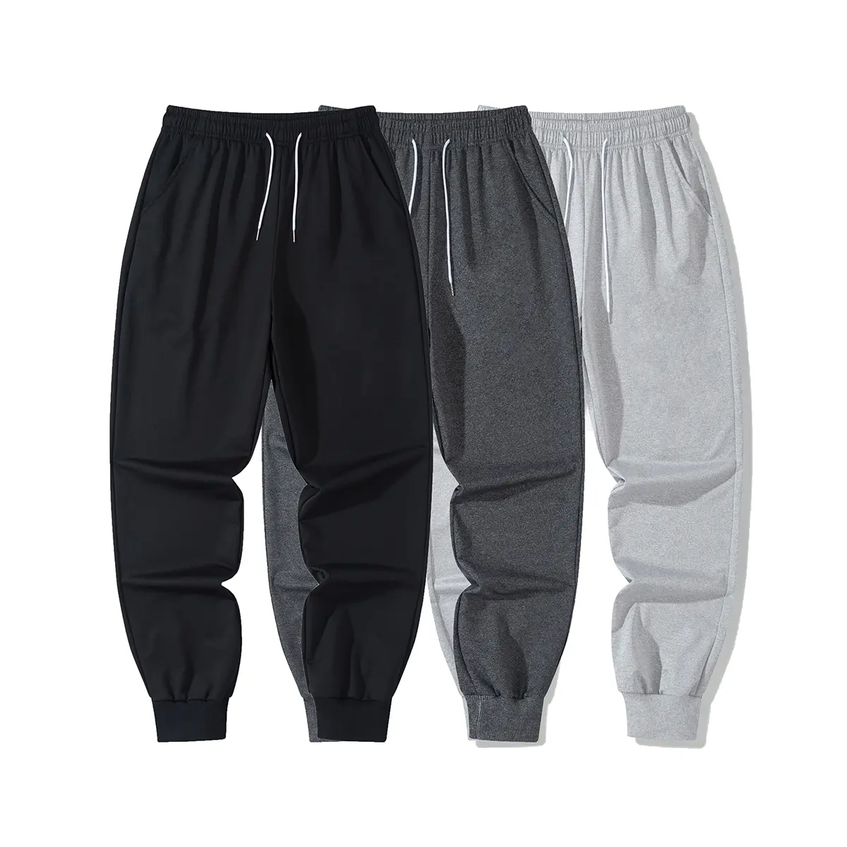 Men's spring and autumn sports pants, regular version, solid color casual pants, elastic waistband, drawstring, gray & black, 3 pieces set suitable for running fitness, sports nine-point pants, pants, men's clothing, 95% polyester fiber, 5%  Elastane Athl