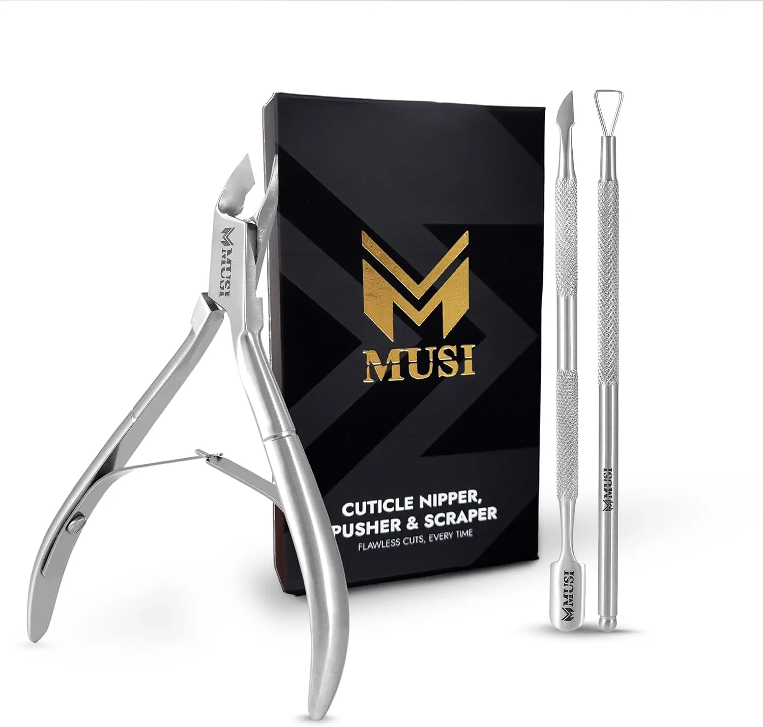 MUSI 3 PC Cuticle Trimmer Clippers & Pusher, Trim Cuticles & Remove Dead Skin for Manicure & Pedicure and Groom Fingernails & Toenails with Sharp, Efficient Cuticle Nipper Kit Men & Women