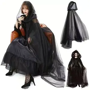 Dark Themed Hooded Long Cape, Cool Mesh Halloween Grim Reaper Costume, Unisex Witch Cloak Fit for Role Play and Dress Up, Accessories