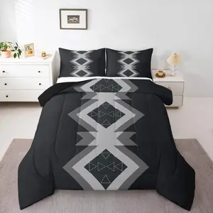 Black Gray Aztec Bedding Set Soft for Boys Girls,Western Decor Comforter Set Boho Style Duvet Quilt Microfiber Bohemian Bedroom Decor