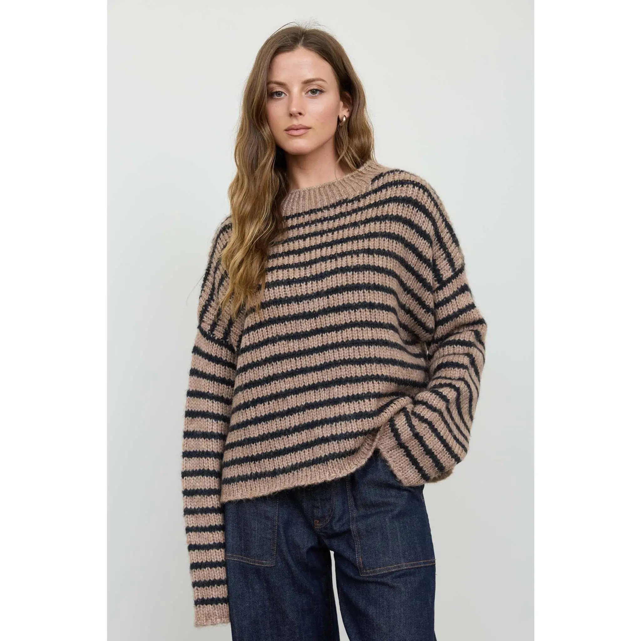 Kiah Stripe Rolled Edge Detail Long Sleeve Knit Sweater
