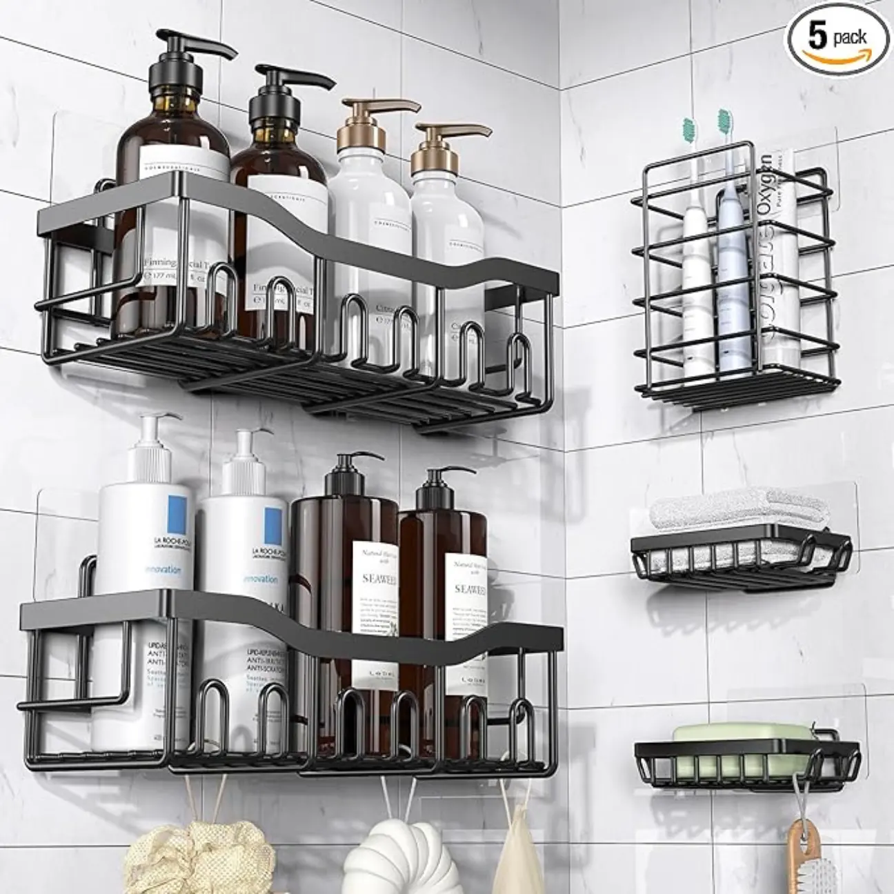 Adhesive Shower Caddy, 5 Pack Rustproof Stainless Steel Bath Organizers With Large Capacity, No Drilling Shelves for Bathroom Storage & Home Decor organizer rack