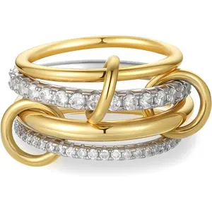 Gold Stackable Rings for Women Non Tarnish, 18k Gold Plated Cubic Zirconia Rings, Silver Gold Multi Ring Mixed Metals Stack Rings Set