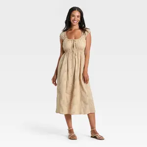 Women's Cap Sleeve Eyelet Midi Sundress - Universal Thread Tan XL