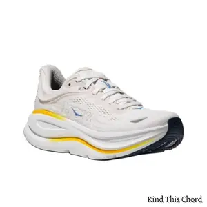 White Running Sneakers with Yellow & Blue Accents, Breathable Knit Mesh Upper, Ultra-Cushioned Curved Midsole, Lightweight Shock-Absorbing Footwear for Long Runs & All-Day Casual Wear
