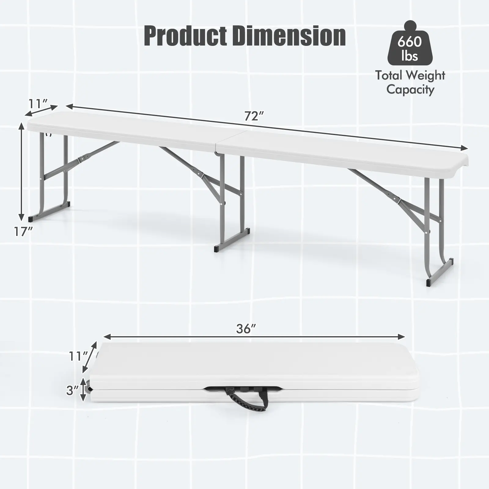 COSTWAY - 6 Feet Plastic Folding Bench Picnic Camping Dining Seat with Carrying Handle-White