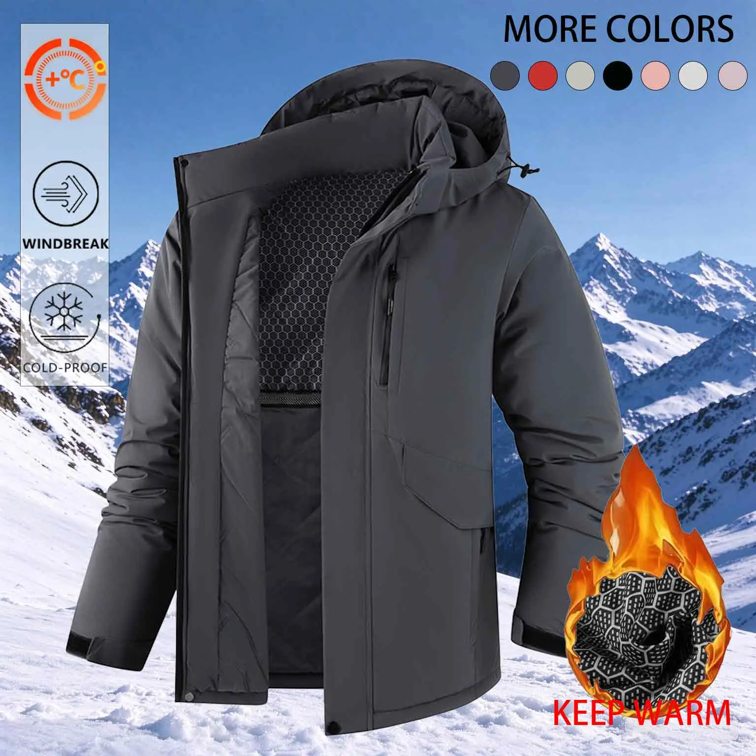 Men's Winter Hooded Warm Jacket - Outdoor Windproof, Waterproof Heated Inner Layer, Thick Multi-Color Mountaineering Hardshell Coat