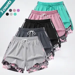 Pack of 5 women’s summer faux two-piece anti-exposure athletic shorts — quick-drying, breathable fabric; camouflage color-block lining; high stretch for comfort; suitable for running, fitness, basketball, and yoga training.