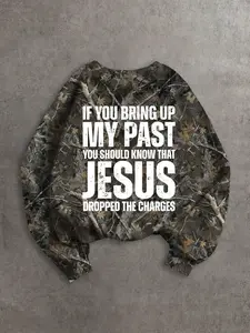 Women's Loose Casual Pullover Sweater, Letter Print, Fashion Camo Branch Print, Comfortable Spring & Fall Wear, Layered Choice, Camouflage