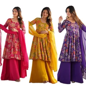 Kediya Style 3 Pieces Suit in Pure Roman Silk Chanderi discharge Print - Vibrant Floral Patterns & Colorful Options