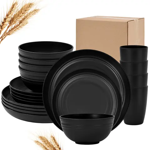FANI 16 Pcs Plastic Wheat Straw Dinnerware Sets,Dinner Plates,Dessert Plate,Cereal Bowls,Cups Unbreakable Colorful Plastic Plates and Bowls Sets Outdoor Camping Dishes Kitchenware Tableware