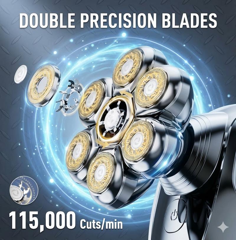 FLITOK Electric Head & Face Shaver for Bald Men 6-in-1 Waterproof IPX7 7D Magnetic Razor Type-C Fast Charge LCD Screen Nose Trimmer & Face Brush Kit Travel Ready