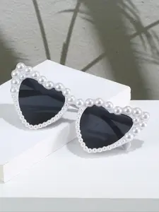 Faux Pearl Decor Heart Shaped Sunglasses, Fashionable Embellished Sunglasses for Women, Trendy All-match Sunglasses for Everyday Use