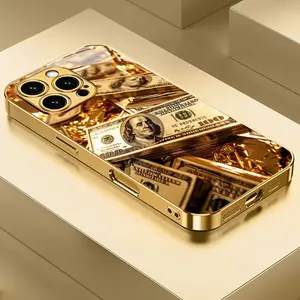 Shining Hundred Dollar Gold Light New Electroplated Gold Tempered Glass Phone Case for iPhone 17, 17 Pro, 17 Air, 17 Pro Max/16, 15, 14, 13, 12/iPhone 16, 15, 14, 13, 12 Plus/iPhone 16, 15, 14, 13, 12 Pro/iPhone 16, 15, 14, 13, 12 Pro Max/iPhone 11/11 Pro