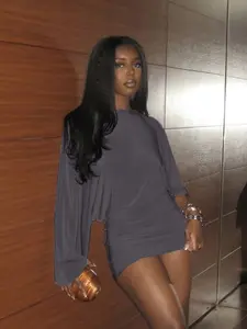 Fashion Street Style Plain Loose Fit One Shoulder Bodycon Womenswear Dress, Flared Sleeves, Perfect for Parties & Music Festivals