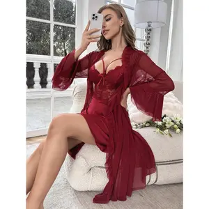 Contrast Lace Flounce Sleeve Mesh Robe Cami Dress PJ Set Pajama Set