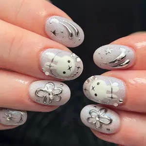 Silver Chrome Bunny Press On Nails, Handmade Custom Faux Acrylic Nails, Reusable Full Cover Nails, Cute Aesthetic Nail Set For Women Gift Idea