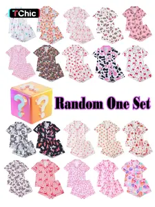 Random Women's All Over Print Short Sleeve Shirt & Shorts Pajama, Casual Comfy Two-piece PJ Set, Ladies Sleepwear Loungewear for Summer