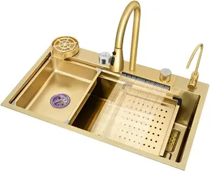 Bronstarz 31.5*18 INCH Gold Flying Rain Drop In Stainless Steel Watefall Kitchen Sink  Single Bowl w Pull Down Faucet Set