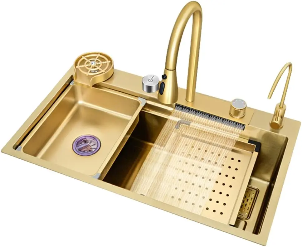 Bronstarz 33*22 INCH Gold Flying Rain Drop In Stainless Steel Watefall Kitchen Sink  Single Bowl w Pull Down Faucet Set