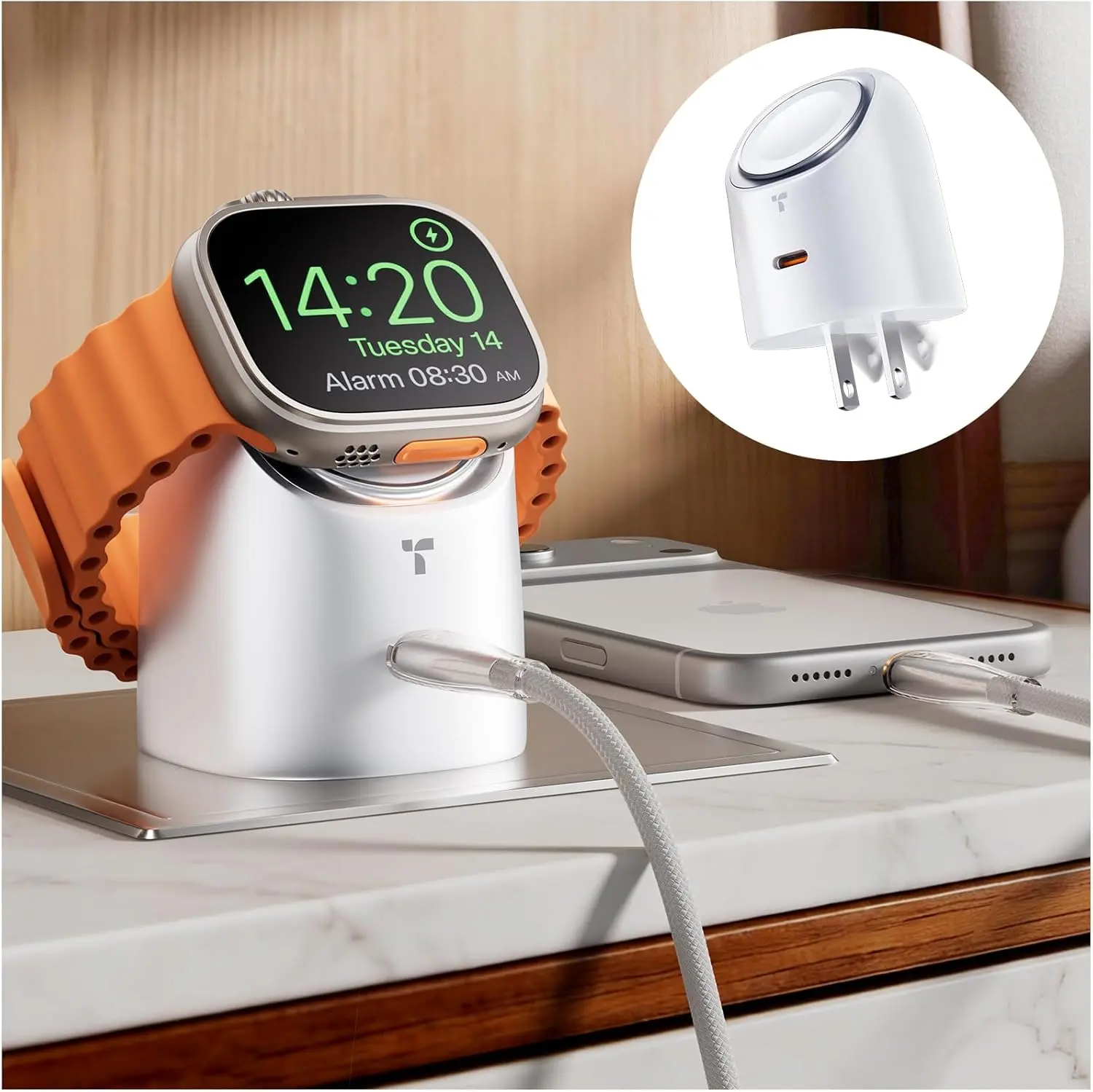 TORRAS Flasheye for Apple Watch Charger & iPhone Charger, 2-in-1 GaN 45W Phone Charger Fast Charging, 90° Foldable USB C Wall Charger Block for iPhone 17/16/15,iPad,MacBook,AirPods,Android, White