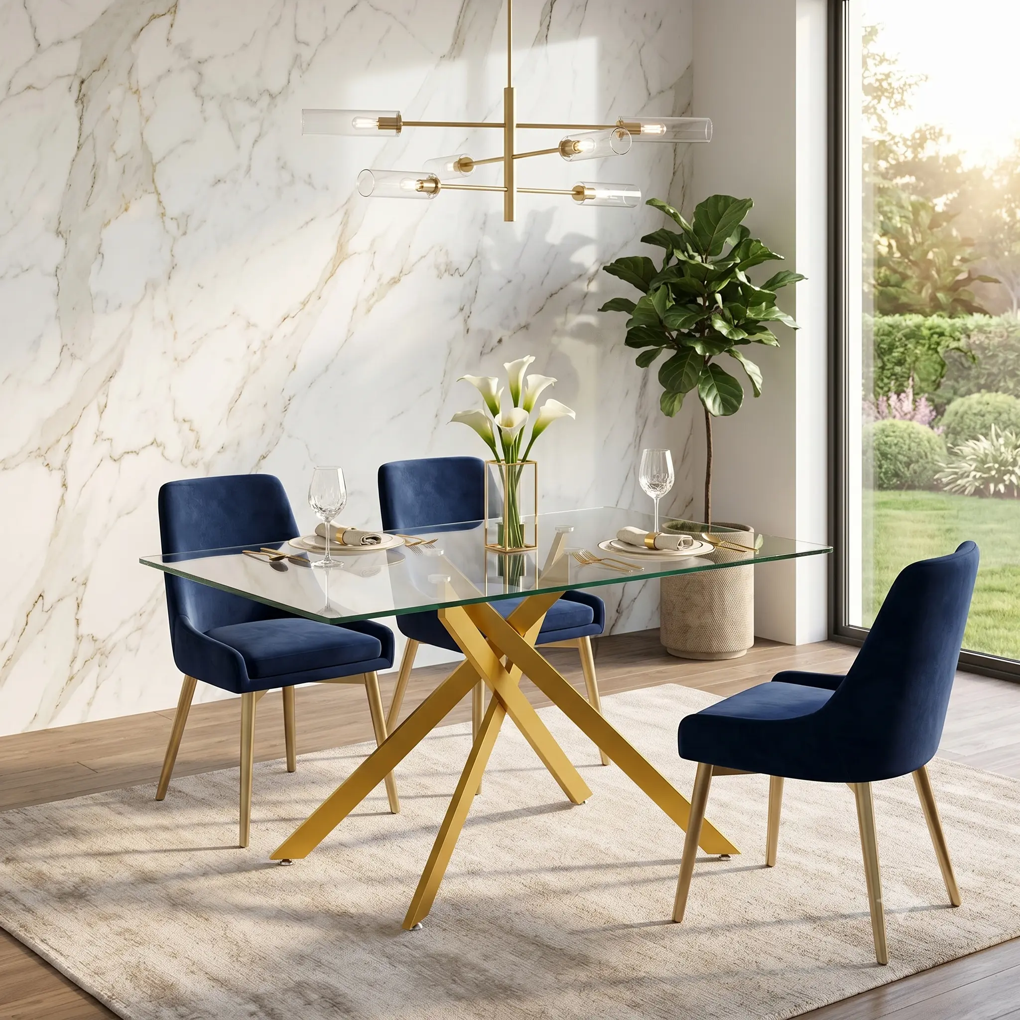 Dining Table Set for 4, 8mm Tempered Glass Dining Table with Gold Metal X Base, Modern Kitchen Dining Room Furniture Set with 4 Upholstered White Chairs