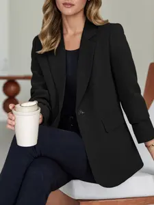 Women's Casual Elegance Chic Style Slimming Fitted Blazer Set with Shorts, Pure Color Long Sleeve Design, Perfect for Daily Wear