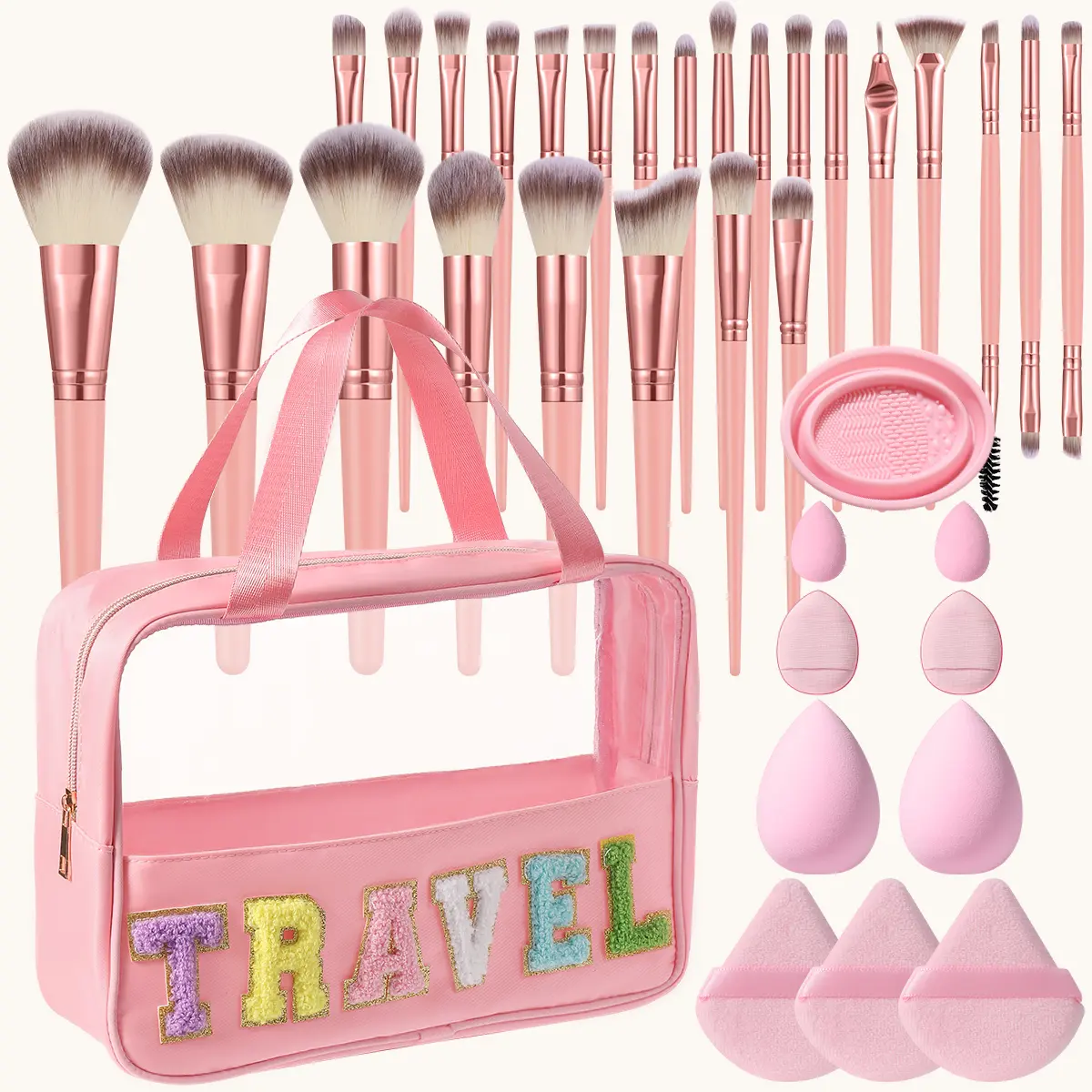 36PCS All-in-1 Complete Makeup Kit - Waterproof Bag, 25 Professional Brushes, 2 Sponges, 2 Mini Sponges, Triangle Puffs, Mini Air Cushion Puffs, Brush Cleaner, Portable On-the-Go Makeup Tools