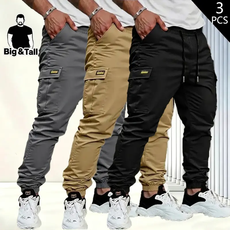 3-pack men’s plus-size cargo pants with multiple pockets — side pockets with large capacity, drawstring design; comfortable outdoor sports long pants for spring, summer, and autumn; casual cargo style suitable for everyday wear and outdoor activities.