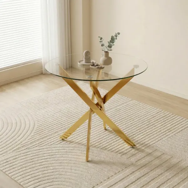35.5-Inch Tempered Glass Round Dining Table, Modern Gold Legs, Space-Saving, Easy Assembly, for Dining Room, Kitchen, Apartment, Gold
