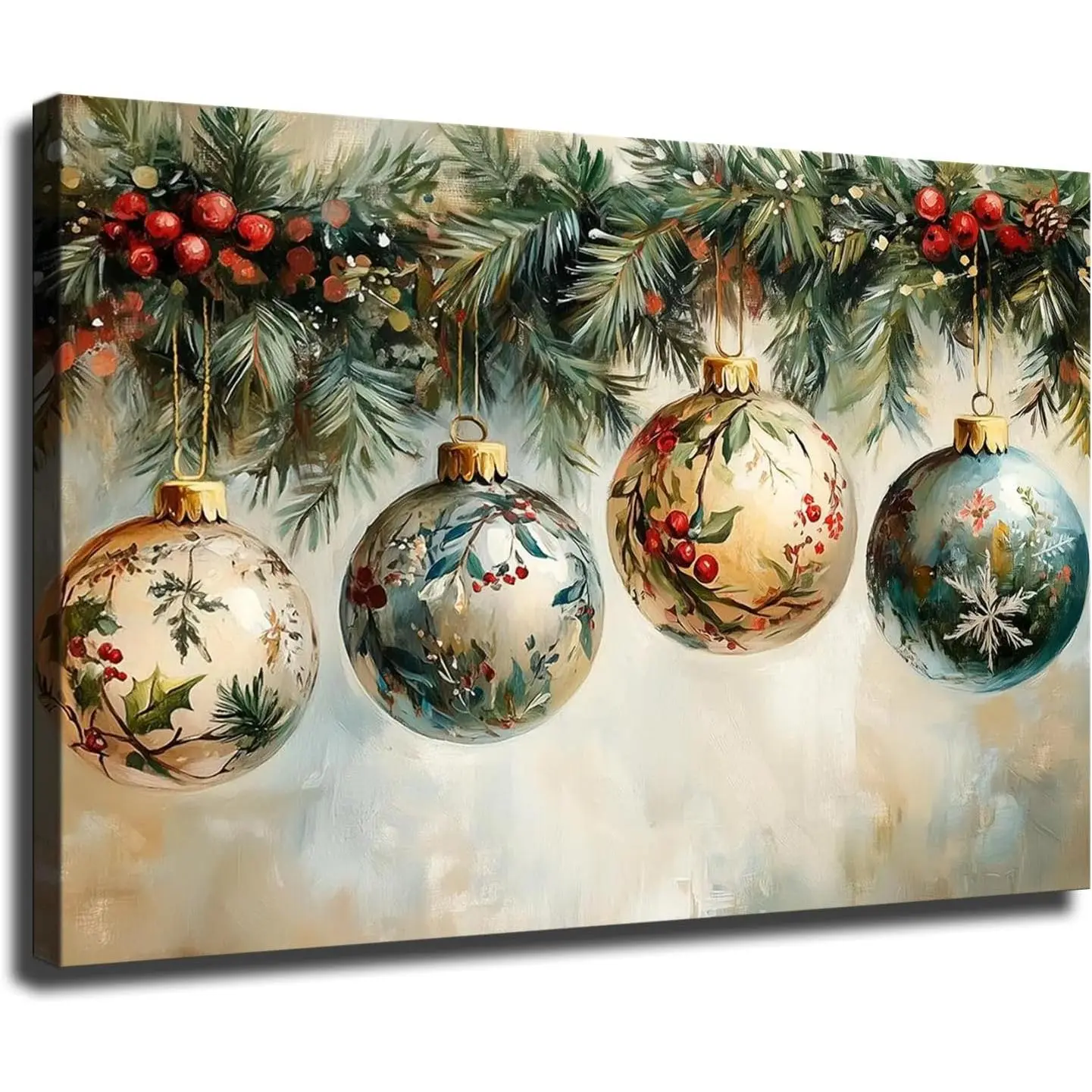 Vintage Christmas Ornament Wall Art, Christmas Wall Decor, Holiday Floral Christmas Painting, Victorian Flower Holly For Living Room Bedroom Ready To Hang (Framed,16*24-inch)
