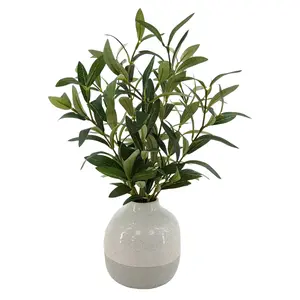 14 Inch Indoor Artificial Olive Plant with Two Tone Ceramic Vase UV Resistant Faux Olive Plant for Tabletop Shelf Office Home Decor