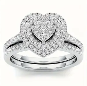 Bling-bling Stack Paved Solitaire Open Rings With Heart-shaped Shiny Rhinestone Inlaid, Romantic