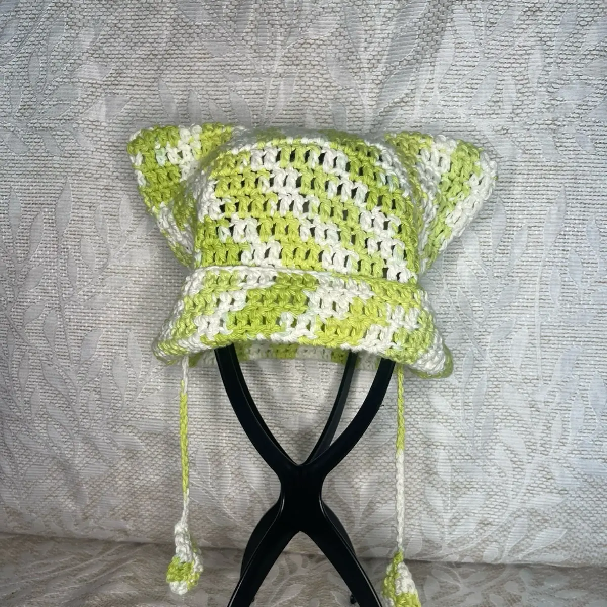 Crocheted Green and White Mix Cat Ear Beanie with Dangling Leaf - Handmade 100% Cotton Yarn, Elegant Design