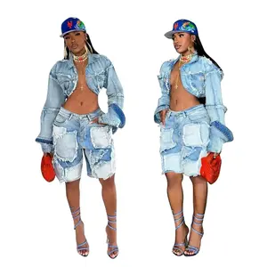 Patchwork Streetwear Jeans Shorts Outfit Sexy Women Two Pieces Elegant Denim Casual Matching Set Jacket+Shorts