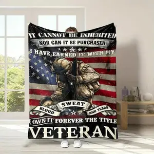 Veteran Military Appreciation Throw Blanket - American Patriotic Blankets with Flag & Soldier Silhouette, Warm Bedding & Sofa Accessory, Gift for Veterans